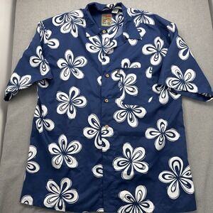 VTG 90s Pineapple Connection Hawaiian Shirt Size M Blue Rayon Hibiscus Palm Tree